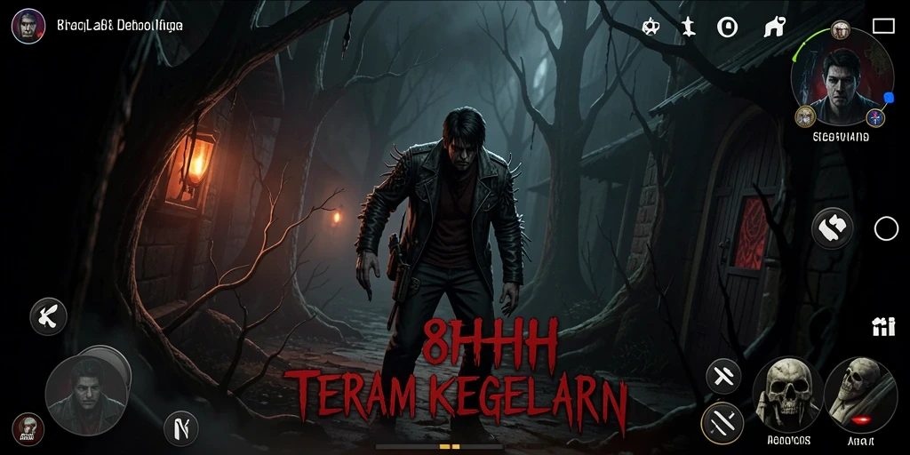 Tampilan gameplay yang menegangkan dari 8HHH dengan efek horor yang mencekam.