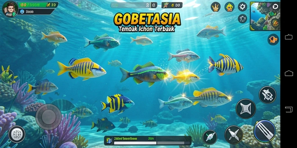 Gameplay seru GOBETASIA dengan berbagai ikan untuk ditembak.